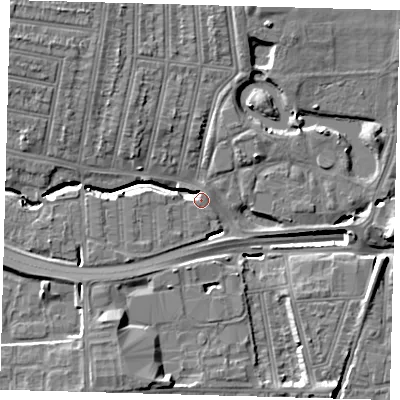 Shaded relief map of the ground around N181QY, computed from Environment Agency LiDAR. The ground here sits at about 15 m above sea level and falls 15 m across the surrounding 800 m. Surface water reaching this point runs off ground lying to the north-west, 9.0 m higher.