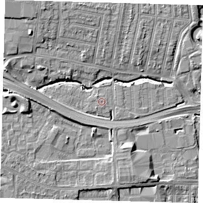 Shaded relief map of the ground around N181RE, computed from Environment Agency LiDAR. The ground here sits at about 17 m above sea level and falls 13 m across the surrounding 800 m. Surface water reaching this point runs off ground lying to the north-west, 0.8 m higher.