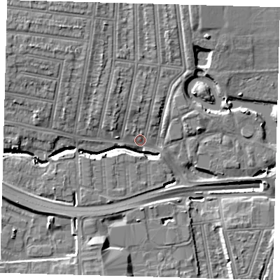 Shaded relief map of the ground around N181RP, computed from Environment Agency LiDAR. The ground here sits at about 16 m above sea level and falls 15 m across the surrounding 800 m. Surface water reaching this point runs off ground lying to the north-west, 9.3 m higher.
