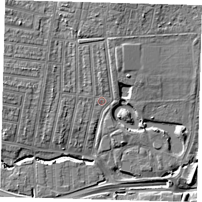 Shaded relief map of the ground around N181RU, computed from Environment Agency LiDAR. The ground here sits at about 16 m above sea level and falls 15 m across the surrounding 800 m. Surface water reaching this point runs off ground lying to the west, 6.1 m higher.