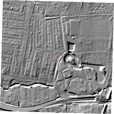 Shaded relief map of the ground around N181RY, computed from Environment Agency LiDAR. The ground here sits at about 15 m above sea level and falls 15 m across the surrounding 800 m. Surface water reaching this point runs off ground lying to the west-north-west, 6.3 m higher.