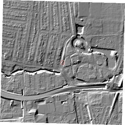 Shaded relief map of the ground around N181SA, computed from Environment Agency LiDAR. The ground here sits at about 16 m above sea level and falls 15 m across the surrounding 800 m. Surface water reaching this point runs off ground lying to the west-north-west, 8.7 m higher.