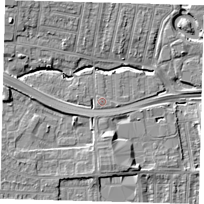 Shaded relief map of the ground around N181SB, computed from Environment Agency LiDAR. The ground here sits at about 17 m above sea level and falls 13 m across the surrounding 800 m. The ground contributing surface water to this point lies to the west-south-west.