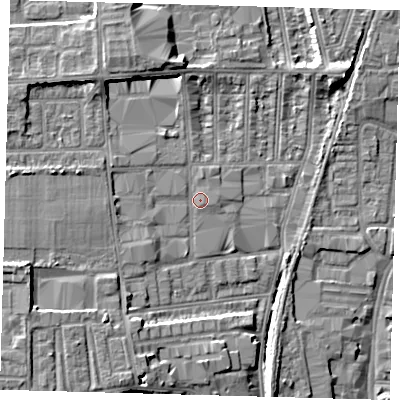 Shaded relief map of the ground around N181TP, computed from Environment Agency LiDAR. The ground here sits at about 15 m above sea level and falls 10 m across the surrounding 800 m. Surface water reaching this point runs off ground lying to the north-north-west, 4.8 m higher.