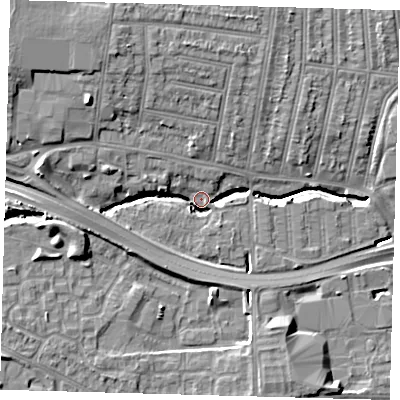 Shaded relief map of the ground around N181UD, computed from Environment Agency LiDAR. The ground here sits at about 16 m above sea level and falls 12 m across the surrounding 800 m. Surface water reaching this point runs off ground lying to the north-west, 10.3 m higher.