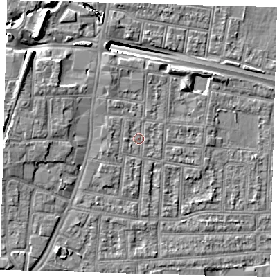 Shaded relief map of the ground around N182AG, computed from Environment Agency LiDAR. The ground here sits at about 13 m above sea level and falls 13 m across the surrounding 800 m. Surface water reaching this point runs off ground lying to the north-north-west, 1.8 m higher.