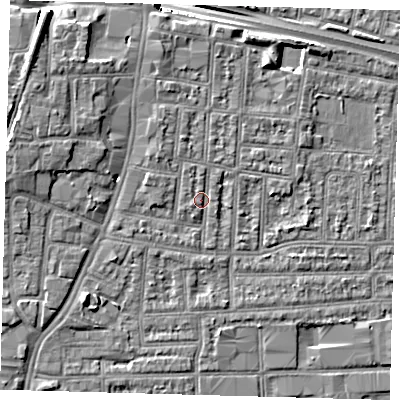 Shaded relief map of the ground around N182AH, computed from Environment Agency LiDAR. The ground here sits at about 13 m above sea level and falls 13 m across the surrounding 800 m. Surface water reaching this point runs off ground lying to the north-north-west, 1.1 m higher.