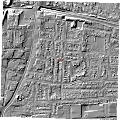 Shaded relief map of the ground around N182AL, computed from Environment Agency LiDAR. The ground here sits at about 13 m above sea level and falls 13 m across the surrounding 800 m. Surface water reaching this point runs off ground lying to the north-north-west, 2.6 m higher.