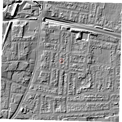 Shaded relief map of the ground around N182AQ, computed from Environment Agency LiDAR. The ground here sits at about 13 m above sea level and falls 13 m across the surrounding 800 m. Surface water reaching this point runs off ground lying to the north-north-west, 1.8 m higher.