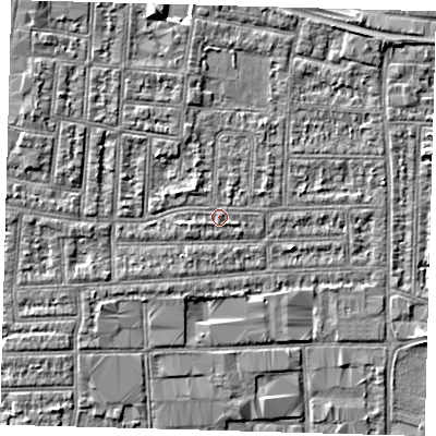 Shaded relief map of the ground around N182AS, computed from Environment Agency LiDAR. The ground here sits at about 12 m above sea level and falls 5 m across the surrounding 800 m. Surface water reaching this point runs off ground lying to the west-south-west, 0.7 m higher.