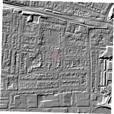 Shaded relief map of the ground around N182AU, computed from Environment Agency LiDAR. The ground here sits at about 12 m above sea level and falls 9 m across the surrounding 800 m. Surface water reaching this point runs off ground lying to the west-north-west, 1.7 m higher.