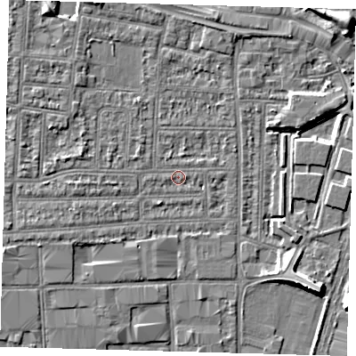 Shaded relief map of the ground around N182AZ, computed from Environment Agency LiDAR. The ground here sits at about 11 m above sea level and falls 8 m across the surrounding 800 m. Surface water reaching this point runs off ground lying to the north-west, 2.0 m higher.