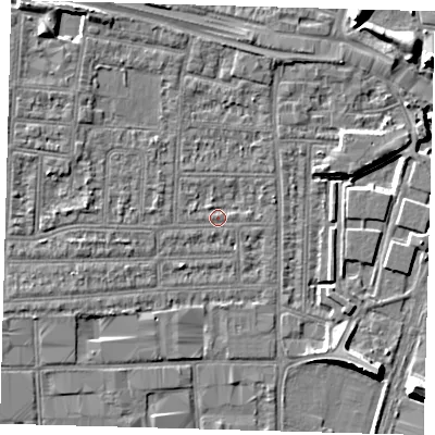 Shaded relief map of the ground around N182BA, computed from Environment Agency LiDAR. The ground here sits at about 11 m above sea level and falls 8 m across the surrounding 800 m. Surface water reaching this point runs off ground lying to the north-west, 2.6 m higher.