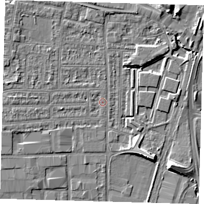 Shaded relief map of the ground around N182BB, computed from Environment Agency LiDAR. The ground here sits at about 11 m above sea level and falls 9 m across the surrounding 800 m. Surface water reaching this point runs off ground lying to the west-north-west, 2.5 m higher.