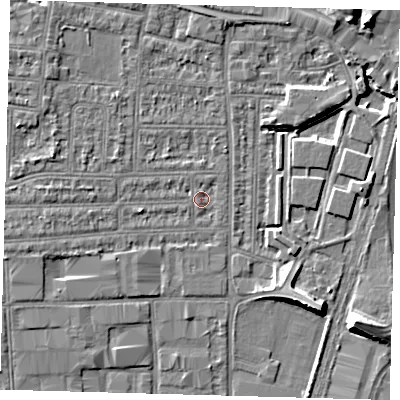 Shaded relief map of the ground around N182BD, computed from Environment Agency LiDAR. The ground here sits at about 11 m above sea level and falls 9 m across the surrounding 800 m. Surface water reaching this point runs off ground lying to the west, 2.0 m higher.