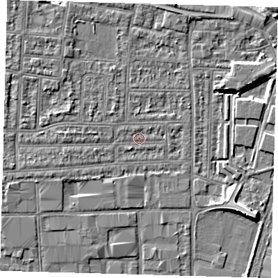 Shaded relief map of the ground around N182BE, computed from Environment Agency LiDAR. The ground here sits at about 11 m above sea level and falls 8 m across the surrounding 800 m. Surface water reaching this point runs off ground lying to the north-west, 2.2 m higher.