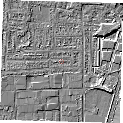 Shaded relief map of the ground around N182BG, computed from Environment Agency LiDAR. The ground here sits at about 11 m above sea level and falls 8 m across the surrounding 800 m. Surface water reaching this point runs off ground lying to the north-west, 2.2 m higher.