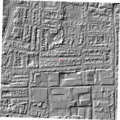 Shaded relief map of the ground around N182BH, computed from Environment Agency LiDAR. The ground here sits at about 12 m above sea level and falls 5 m across the surrounding 800 m. Surface water reaching this point runs off ground lying to the north-west, 2.6 m higher.
