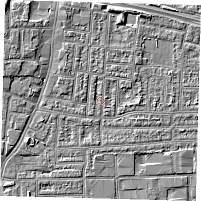 Shaded relief map of the ground around N182BN, computed from Environment Agency LiDAR. The ground here sits at about 12 m above sea level and falls 7 m across the surrounding 800 m. Surface water reaching this point runs off ground lying to the north-north-west, 2.7 m higher.