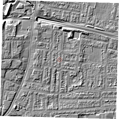 Shaded relief map of the ground around N182BP, computed from Environment Agency LiDAR. The ground here sits at about 13 m above sea level and falls 13 m across the surrounding 800 m. Surface water reaching this point runs off ground lying to the west, 0.7 m higher.