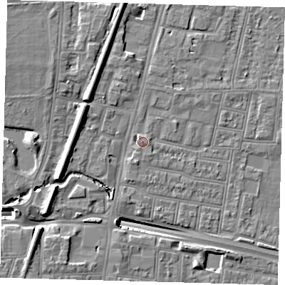 Shaded relief map of the ground around N182BX, computed from Environment Agency LiDAR. The ground here sits at about 14 m above sea level and falls 13 m across the surrounding 800 m. Surface water reaching this point runs off ground lying to the south-south-west, 1.0 m higher.