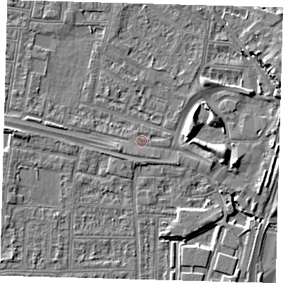 Shaded relief map of the ground around N182DA, computed from Environment Agency LiDAR. The ground here sits at about 11 m above sea level and falls 8 m across the surrounding 800 m. Surface water reaching this point runs off ground lying to the west-south-west, 1.7 m higher.