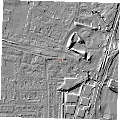Shaded relief map of the ground around N182DE, computed from Environment Agency LiDAR. The ground here sits at about 11 m above sea level and falls 9 m across the surrounding 800 m. Surface water reaching this point runs off ground lying to the west, 1.2 m higher.