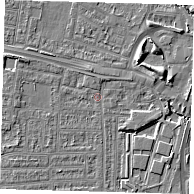 Shaded relief map of the ground around N182DF, computed from Environment Agency LiDAR. The ground here sits at about 11 m above sea level and falls 8 m across the surrounding 800 m. Surface water reaching this point runs off ground lying to the west-north-west, 3.7 m higher.