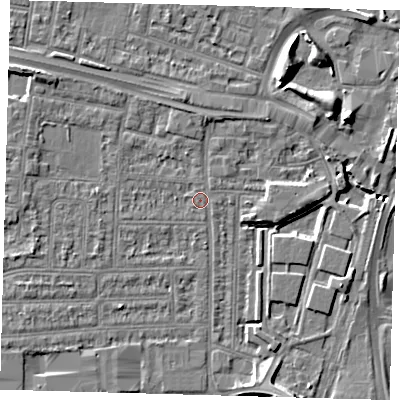 Shaded relief map of the ground around N182DG, computed from Environment Agency LiDAR. The ground here sits at about 11 m above sea level and falls 8 m across the surrounding 800 m. Surface water reaching this point runs off ground lying to the north-west, 3.7 m higher.