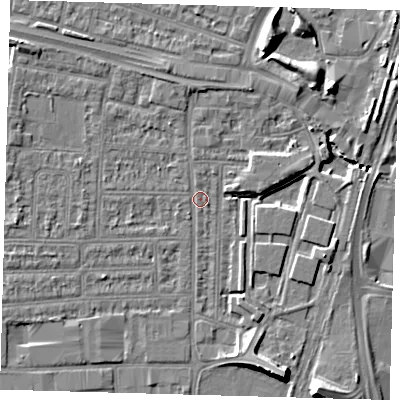 Shaded relief map of the ground around N182DJ, computed from Environment Agency LiDAR. The ground here sits at about 11 m above sea level and falls 9 m across the surrounding 800 m. Surface water reaching this point runs off ground lying to the north-west, 3.7 m higher.
