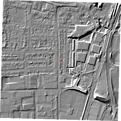 Shaded relief map of the ground around N182DL, computed from Environment Agency LiDAR. The ground here sits at about 11 m above sea level and falls 9 m across the surrounding 800 m. Surface water reaching this point runs off ground lying to the west-north-west, 2.7 m higher.