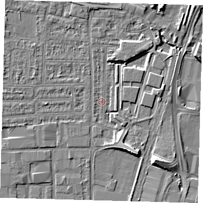 Shaded relief map of the ground around N182DN, computed from Environment Agency LiDAR. The ground here sits at about 11 m above sea level and falls 9 m across the surrounding 800 m. Surface water reaching this point runs off ground lying to the north, 2.5 m higher.