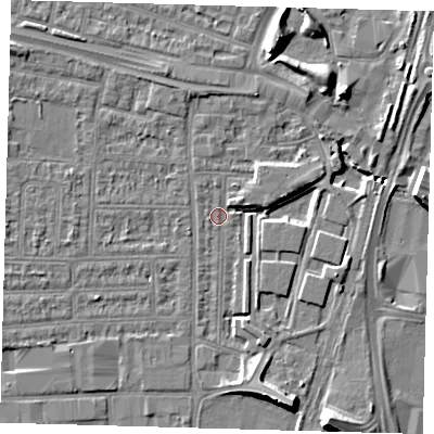 Shaded relief map of the ground around N182DP, computed from Environment Agency LiDAR. The ground here sits at about 11 m above sea level and falls 9 m across the surrounding 800 m. Surface water reaching this point runs off ground lying to the north-east, 4.4 m higher.