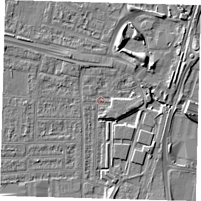 Shaded relief map of the ground around N182DR, computed from Environment Agency LiDAR. The ground here sits at about 11 m above sea level and falls 9 m across the surrounding 800 m. Surface water reaching this point runs off ground lying to the north-east, 4.4 m higher.