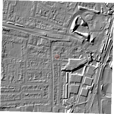 Shaded relief map of the ground around N182DS, computed from Environment Agency LiDAR. The ground here sits at about 11 m above sea level and falls 9 m across the surrounding 800 m. Surface water reaching this point runs off ground lying to the east-north-east, 1.0 m higher.