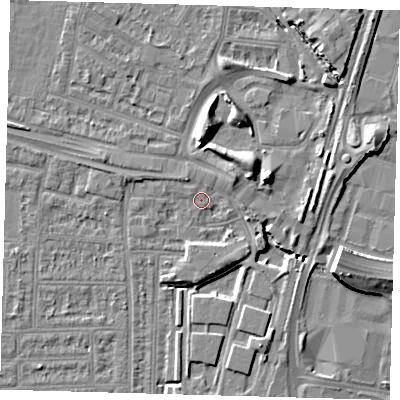 Shaded relief map of the ground around N182DU, computed from Environment Agency LiDAR. The ground here sits at about 11 m above sea level and falls 9 m across the surrounding 800 m. Surface water reaching this point runs off ground lying to the south-east, 1.1 m higher.
