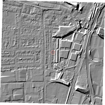 Shaded relief map of the ground around N182DW, computed from Environment Agency LiDAR. The ground here sits at about 11 m above sea level and falls 9 m across the surrounding 800 m. Surface water reaching this point runs off ground lying to the east, 4.7 m higher.