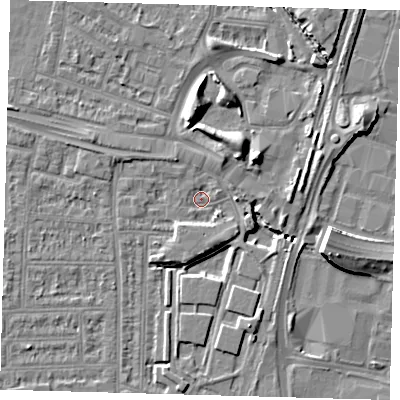 Shaded relief map of the ground around N182DY, computed from Environment Agency LiDAR. The ground here sits at about 11 m above sea level and falls 9 m across the surrounding 800 m. Surface water reaching this point runs off ground lying to the north-north-east, 4.4 m higher.