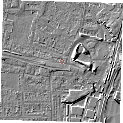 Shaded relief map of the ground around N182EB, computed from Environment Agency LiDAR. The ground here sits at about 11 m above sea level and falls 9 m across the surrounding 800 m. Surface water reaching this point runs off ground lying to the east, 4.1 m higher.