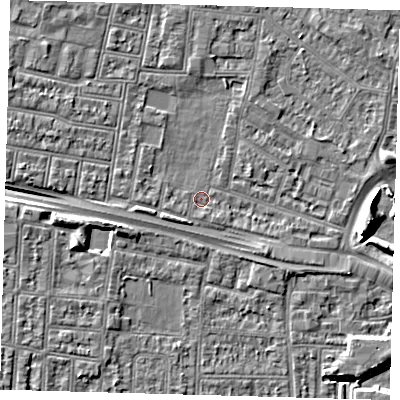 Shaded relief map of the ground around N182EE, computed from Environment Agency LiDAR. The ground here sits at about 11 m above sea level and falls 8 m across the surrounding 800 m. Surface water reaching this point runs off ground lying to the west-north-west, 2.6 m higher.