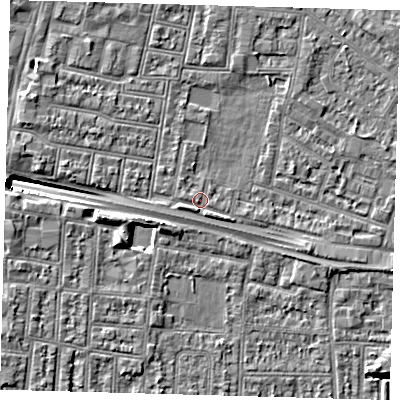 Shaded relief map of the ground around N182EF, computed from Environment Agency LiDAR. The ground here sits at about 12 m above sea level and falls 9 m across the surrounding 800 m. Surface water reaching this point runs off ground lying to the west-south-west, 9.3 m higher.