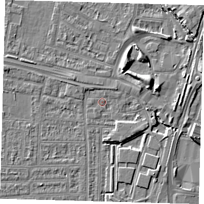 Shaded relief map of the ground around N182EH, computed from Environment Agency LiDAR. The ground here sits at about 11 m above sea level and falls 9 m across the surrounding 800 m. Surface water reaching this point runs off ground lying to the west, 1.2 m higher.