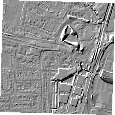 Shaded relief map of the ground around N182EJ, computed from Environment Agency LiDAR. The ground here sits at about 11 m above sea level and falls 9 m across the surrounding 800 m. Surface water reaching this point runs off ground lying to the north-north-west, 1.4 m higher.