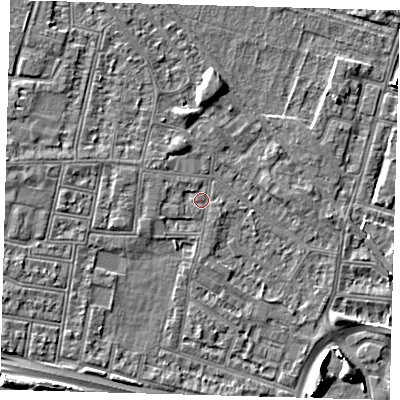 Shaded relief map of the ground around N182EL, computed from Environment Agency LiDAR. The ground here sits at about 12 m above sea level and falls 7 m across the surrounding 800 m. Surface water reaching this point runs off ground lying to the west-south-west, 1.2 m higher.