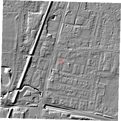 Shaded relief map of the ground around N182EN, computed from Environment Agency LiDAR. The ground here sits at about 13 m above sea level and falls 13 m across the surrounding 800 m. Surface water reaching this point runs off ground lying to the west, 5.9 m higher.
