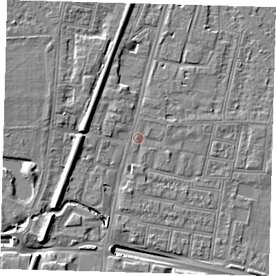 Shaded relief map of the ground around N182ER, computed from Environment Agency LiDAR. The ground here sits at about 13 m above sea level and falls 13 m across the surrounding 800 m. Surface water reaching this point runs off ground lying to the west, 5.9 m higher.