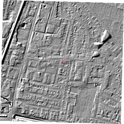 Shaded relief map of the ground around N182ET, computed from Environment Agency LiDAR. The ground here sits at about 13 m above sea level and falls 13 m across the surrounding 800 m. Surface water reaching this point runs off ground lying to the west, 1.0 m higher.