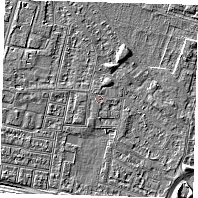 Shaded relief map of the ground around N182EU, computed from Environment Agency LiDAR. The ground here sits at about 12 m above sea level and falls 6 m across the surrounding 800 m. Surface water reaching this point runs off ground lying to the north-north-west, 0.6 m higher.
