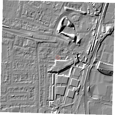Shaded relief map of the ground around N182EW, computed from Environment Agency LiDAR. The ground here sits at about 11 m above sea level and falls 9 m across the surrounding 800 m. Surface water reaching this point runs off ground lying to the north-east, 4.4 m higher.