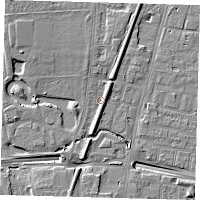 Shaded relief map of the ground around N182GZ, computed from Environment Agency LiDAR. The ground here sits at about 14 m above sea level and falls 14 m across the surrounding 800 m. Surface water reaching this point runs off ground lying to the north-north-east, 4.5 m higher.